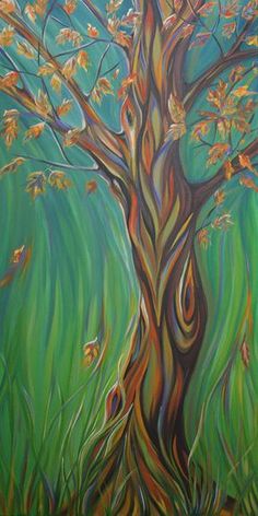 a painting of a tree in the grass