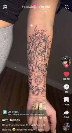 Virgen Mary Tattoo For Women Sleeve, Cross And Rosery Tattoos, Tattoos For Mexican Women, Angel Half Sleeve Tattoo For Women, Tattoo Ideas Virgin Mary, Virgin Mary And San Judas Tattoo, Virgin Mary With Rosary Tattoo, Virgin Mary Arm Tattoo, Virgin Mary Drawing Tattoo