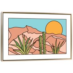 an image of a desert scene with cactus plants and the sun in the background canvas wall art print