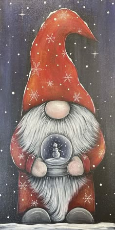 a painting of a gnome holding a snow globe