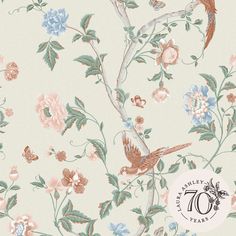 Add a pop of color to your walls with the Summer Palace wallpaper. Elegant chinoiserie style birds and flowers are brought to life in this print. Calming apricot birds and flowers accented with blues and greens are enhanced on an off-white background. Laura Ashley 70th Anniversary 11-in Sage / Apricot Non-woven Floral 56-sq ft Unpasted Paste The Wall Wallpaper Sample in Orange | 12013394 Palace Design, Chinoiserie Print, Chinoiserie Pattern, Style Anglais, Chintz Fabric, Summer Palace, Chinoiserie Style, Paper Wallpaper, Summer Wallpaper