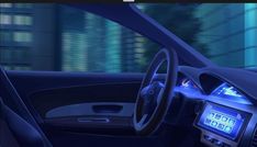 the interior of a car is shown with blue lights and electronic displays on the dashboard