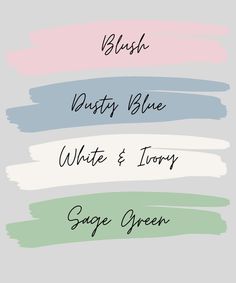 four different shades of paint with the words brush destroy blue, white & ivory sage green