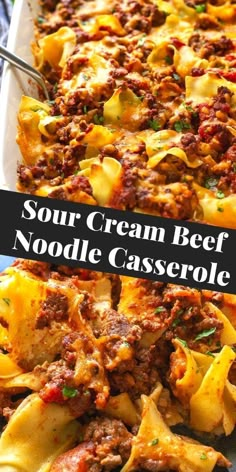 a casserole dish with meat and cheese in it on a blue plate, next to the words sour cream beef noodle casserole