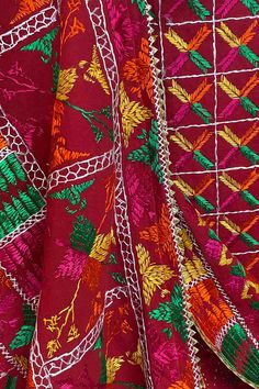 Antique Khaddar Bagh is traditional hand embroidered phulkari made for special Punjabi Sikh wedding ceremonies. Mostly used for wedding jaago night, wedding day as a canopy and then gifted to the bride. Khadar Bagh phulkari is a symbol of happiness, prosperity and well being of a woman. Khaddar Bagh - Made on hand dyed 100% cotton cloth called khaddar with embroidery of silk threads. Fabric is hand spun and a handloom. Whole surface of the fabric in this bagh has been embroidered in geometric pa Ceremonial Multicolor Dupatta With Resham Embroidery, Multicolor Resham Embroidered Fabric For Ceremonial Use, Traditional Nida Lehenga For Ceremonies, Traditional Embroidered Fabric With Patterns For Festive Occasions, Ceremonial Dupatta With Multicolor Embroidery In Traditional Drape, Traditional Embroidered Jamawar Lehenga, Traditional Chanderi Embroidered Fabric With Patterns, Traditional Wear With Multicolor Embroidery For Ceremonies, Embroidered Fabric For Navratri With Traditional Patterns