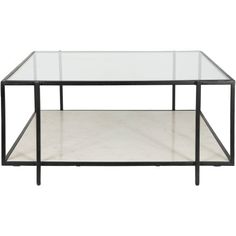 a glass and metal coffee table with two shelves on each side, against a white background