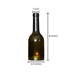 a glass bottle with a candle in it and measurements for the top part of the bottle