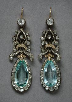 Queen Luis of Prussia's earrings | A pair of gold, silver, diamond and aquamarine earrings, circa 1800. Charlottenburg Palace, Royal Jewellery, Honey Jewelry, Room Stuff, Aquamarine Earrings, Polki Jewellery, High Jewelry