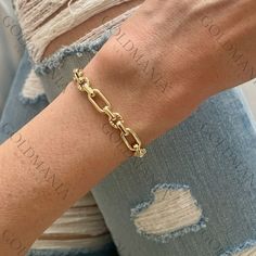 All Our Bracelets Are Made Of REAL 14K GOLD  14K Yellow Gold Oval And Round Link Chain Bracelet, 7.5" Inch, 6.3mm Thick, Real Gold Bracelet, Polished And Textured Links, Women  Shop our 14K Bracelets https://www.etsy.com/shop/GOLDMANIA?ref=seller-platform-mcnav§ion_id=26925987  Shop On Sale items https://www.etsy.com/shop/GOLDMANIA?ref=seller-platform-mcnav§ion_id=1  Metal: 14K Yellow Gold    Width: 6.3 MM  Length: 7.5 IN  Closure: Lobster claw Weight: 4.90 Gram   Hollow gold bracelet   SHIPPED Gold Chain Link Bracelet With Box Chain, Gold Oval Chain Bracelets, Gold Jubilee Bracelet Oval Shape, Gold Oval Jubilee Bracelet, Yellow Gold Chunky Chain Link Bracelet, Yellow Gold Bracelet With Chunky Oval Link Chain, Gold-plated Oval Gold Bracelets, Gold-plated Oval Bracelets, Elegant Oval Bracelet With Chunky Chain