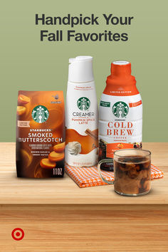 starbucks coffee products are displayed on a shelf with the caption, handpick your fall favorites