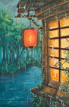 a painting of a window with a red lantern hanging from it's side and rain coming down