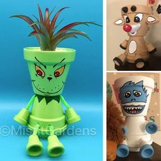 three different pictures of plants in pots with faces on them, one has a face painted on it and the other is an alien