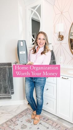 a woman holding a sign that says home organization worth your money in front of her