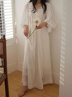 White Maxi Sleep Dress For Spring, White Spring Maxi Sleep Dress, Maxi Length Nightgown For Wedding Night In Summer, Long Summer Sleepwear For Wedding Night, Summer Wedding Night Long Sleepwear, White Cottagecore Dress For Sleep, Summer Lace Patchwork Sleepwear, Summer Long Sleeve Nightgown For Wedding Night, White Bohemian Nightgown For Loungewear