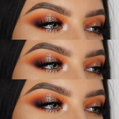 Makeup For Orange Dress, Make Up Styles, James Charles Palette, Neutral Lip Color, Bold Eyeliner, Maybelline Mascara, Orange Eyeshadow, Shimmer Body Oil, Cute Eyeshadow Looks