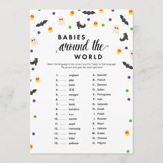 the baby's around the world game is shown with bats and pumpkins on it