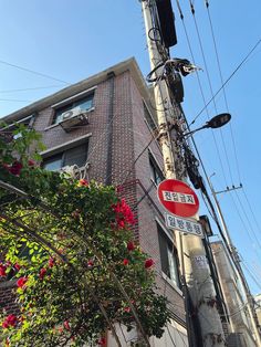 a red and white street sign sitting on the side of a building next to flowers