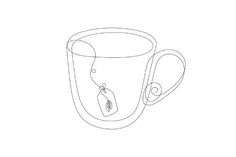 a drawing of a coffee cup with a tea bag hanging from it's side