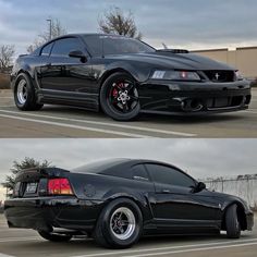 two pictures of a black mustang with chrome rims