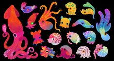 an assortment of colorful sea animals on a black background