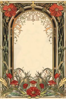 an ornate frame with red flowers and leaves