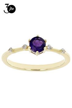 Pre-Owned .38ct Round African Amethyst with .07ctw Round White Zircon 18k Yellow Gold Over Sterling Silver February Birthstone Ring. Measures approximately .69"L x .23"W. Not sizeable.  Accent stones primarily zircon..  This product may be a customer return, vendor sample, or on-air display and is not in its originally manufactured condition.  It may not be new.  In some instances, these items are repackaged by JTV. February Birthstone Ring, February Birthstone, February Birth Stone, Birthstone Ring, Purple Amethyst, X 23, Birthstone, 18k Gold, Amethyst