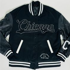 Brand New Black Chicago City Girl Varsity Jacket. All Sizes Black Letter Print Outerwear For Fall, Sporty Black Outerwear With Button Closure, Fall College Style Outerwear For School, Black Varsity Jacket For College With Button Closure, Black Varsity Jacket With Button Closure For College, Black Letter Print College Style Outerwear, Black Letter Print Outerwear College Style, Black Letter Print Outerwear In College Style, Casual Black Outerwear With Letter Print