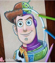 a drawing of toy story woody and buzz lightyear from toy story coloring book with colored pencils