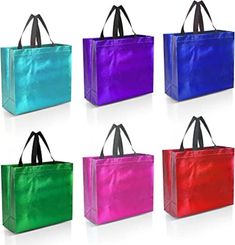 six different colored bags with handles