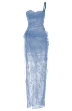 One Shoulder Lace Corset Maxi Dress Blue DESIGN: Color: Blue One shoulder design Sleeveless Bustier detail Lace insert Structured design Draped design Exposed zipper at back Gentle Dry Clean Only Length: Maxi. Ankle-length MATERIAL: Polyester + Cotton + Silk Delicate sewing and hemming by durable needle lockstitch machine. YKK zipper (known as the most durable and reliable zippers manufactured today). To maintain the beauty of your garment, please follow the care instructions on the attached label. Colour may vary due to lighting on images. The product images (without model) are closest to the true color of the item.     * Order one size up for a relaxed fit. * Pay special attention on measurements to ensure proper fit. * If you are between two sizes the larger one is recomm Pale Blue Long Dress, White Dress With Blue Corset, Beaded Blue Dress, Colorful Lace Dress, Light Blue Dress Gold Accessories, Draped Corset Dress, Senior Prom Dresses Blue, Cobalt Blue Gown, Sea Glass Dress