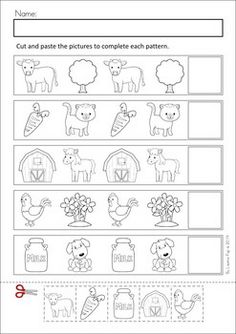 cut and paste the pictures to complete each pattern for this worksheet, which includes farm animals