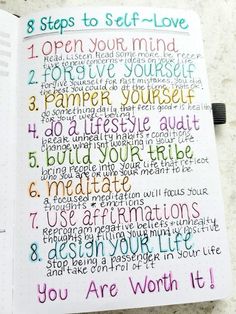 an open notebook with writing on it that says, 8 steps to self - love