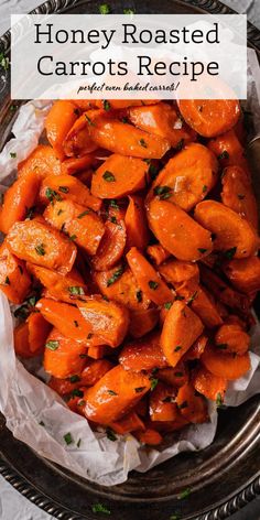 honey roasted carrots in a bowl with text overlay that reads honey roasted carrots recipe