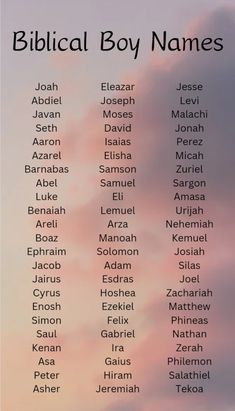 the names of biblical boy names in front of a sunset sky with clouds behind them