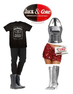 a woman in red sequin shorts and black t - shirt standing next to a coca cola sign