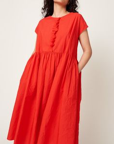 Red Ruched Cotton Dress, Red Ruffled Dress For Daywear, Red Ruched Dress For Daywear, Poplin Dress, A Dress, New Arrivals, Round Neck, Dresses, Quick Saves