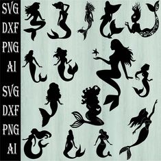 the silhouettes of mermaids are shown in different styles and sizes, including one for each