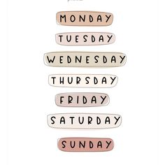 the words monday, wednesday and friday are arranged in different font styles on white paper