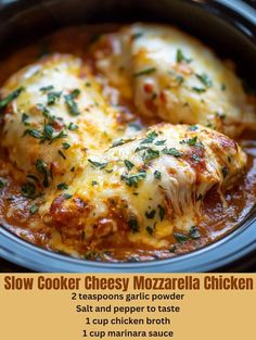 the slow cooker cheesy mozzarella chicken is ready to be eaten