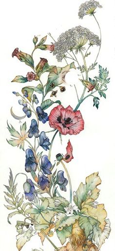 a watercolor painting of flowers and leaves