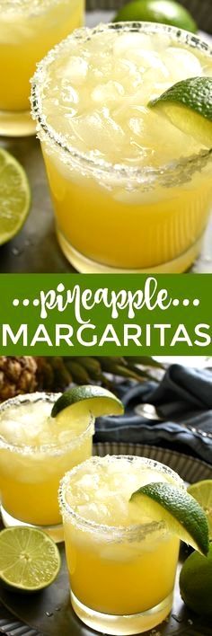 pineapple margaritas are garnished with lime