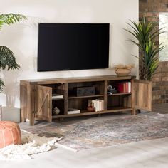 a flat screen tv sitting on top of a wooden entertainment center next to a potted plant