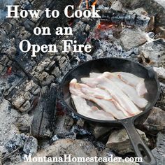 an open fire with fish cooking on it and the words how to cook on an open fire