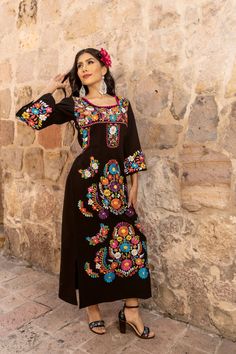 Mexican Embroidered Maxi Dress. Size S-2X. Wedding Style. Traditional Mexican Dress. Artisanal Mexican Party Dress. Latina Style. Plus Size. - Etsy Multicolor Embroidered Floor-length Dress, Floor-length Dresses With Intricate Multicolor Embroidery, Embroidered Maxi Dress For Traditional Ceremonies, Black Long Sleeve Dress For Celebration, Festive Maxi Dress With Multicolor Embroidery, Festive Embroidered Maxi Dress With Multicolor Embroidery, Multicolor Embroidered Dresses For Celebration, Traditional Dress With Embroidered Neckline For Festivals, Floor-length Dress With Multicolor Floral Embroidery