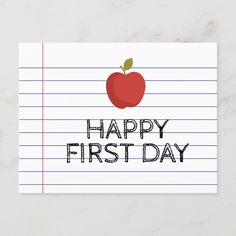 an apple on lined paper with the words happy first day