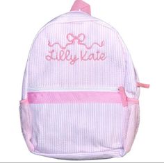 Stunning pink seersucker toddler backpack. Cute Summer Backpack, Cute Pink Backpack For Spring, Preppy Toddler, Preschool Backpack, Pink Seersucker, Toddler Backpack, Shirt Embroidery, Bow Design, Backpack Purse