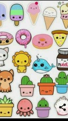 an assortment of stickers with different types of ice cream, donuts and cactuses