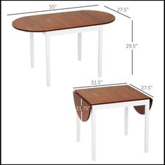 two tables with measurements for each side and the table top in different sizes, including one end