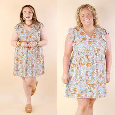 Sunshine On My Mind Floral Ruffle Cap Sleeve Dress in Light Blue - Giddy Up Glamour Boutique Sunshine On My Mind, Blue Backdrop, Giddy Up Glamour, Cap Sleeve Dress, Blue Backdrops, Light Blue Background, Yellow And Pink, Pink Blossom, On My Mind