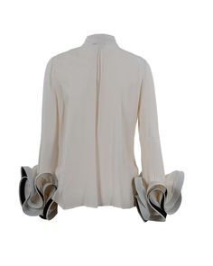 100% Viscose Designer Ruffled Tops For Evening, Designer Evening Tops With Ruffles, Designer Ruffle Tops For Evening, Designer Long Sleeve Top With Ruffles, Luxury Long Sleeve Top With Ruffles, Chic Silk Evening Shirt, Luxury Fitted Ruffle Tops, Chic Silk Shirt For Evening, Luxury Spring Tops With Ruffles